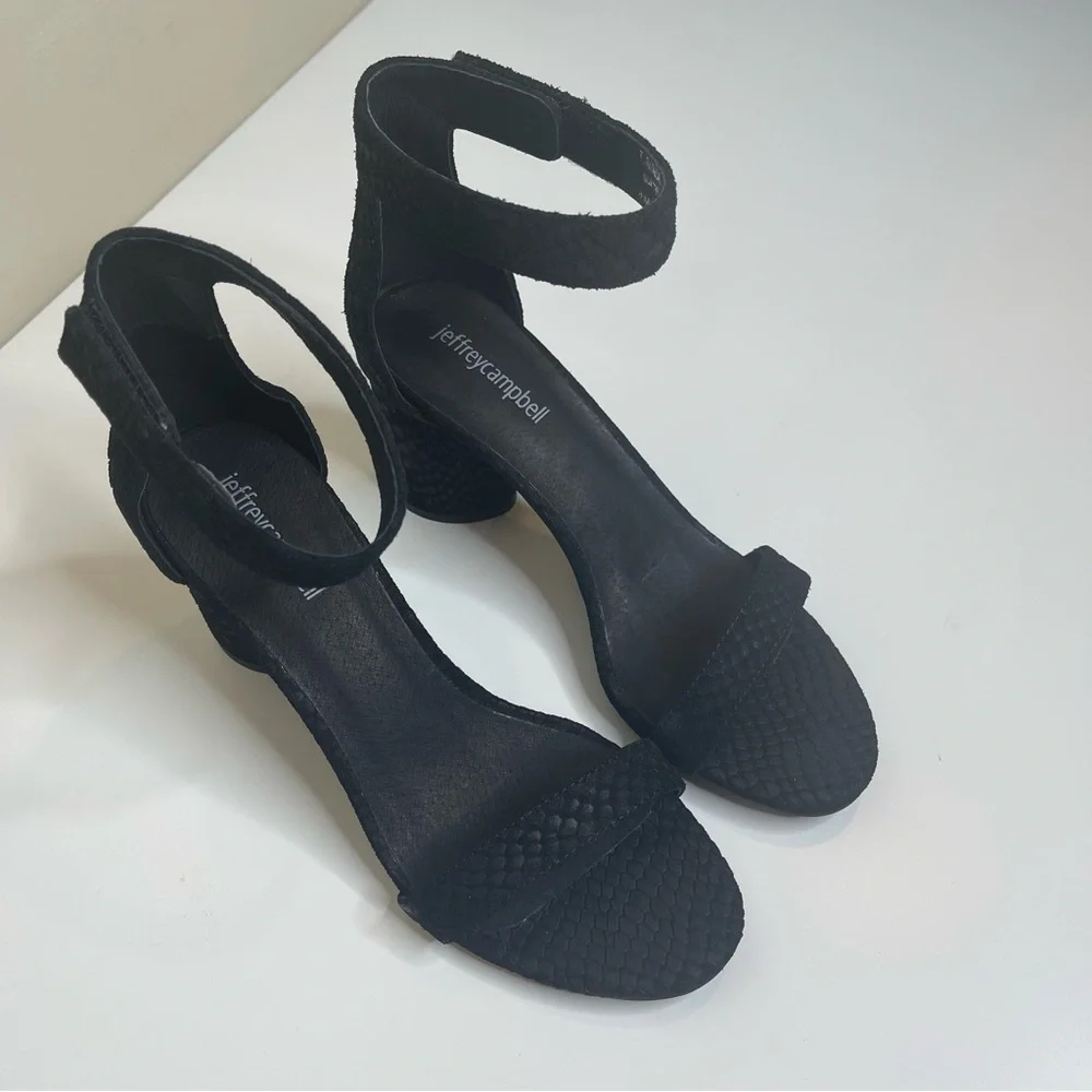 Jeffrey Campbell Laura Sandal in Black Suede Snake Print